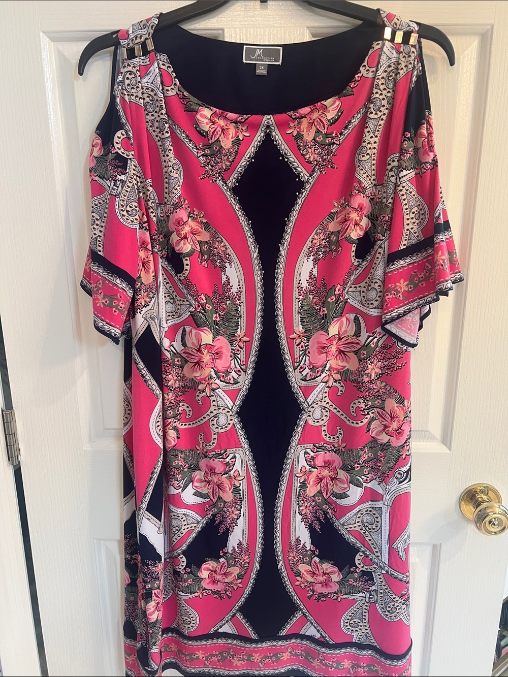 JM Collection Hot Pink and Navy Floral Cold-Shoulder Midi Dress